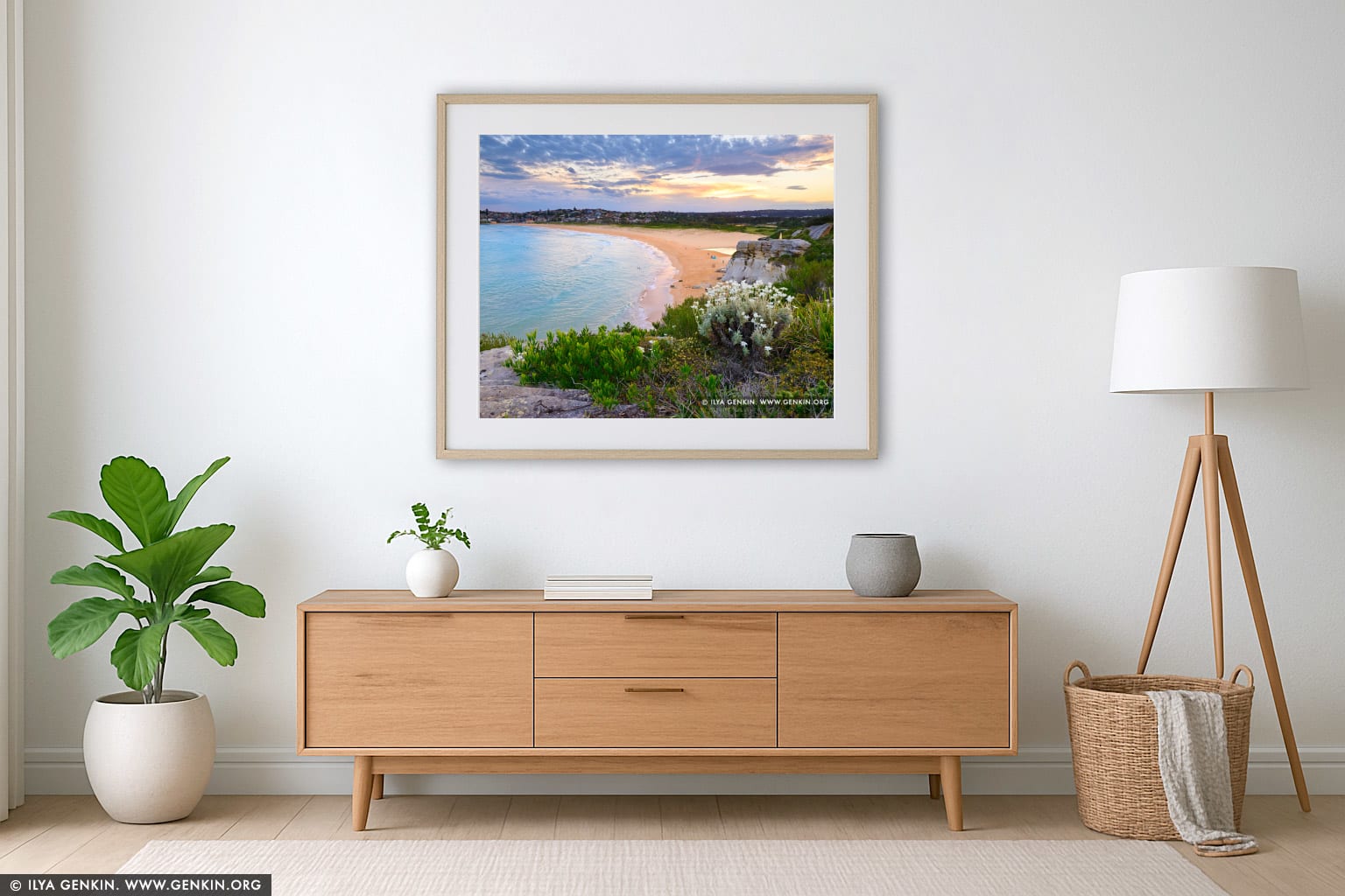 Sunset at North Curl Curl Beach wall art in a contemporary living room interior
