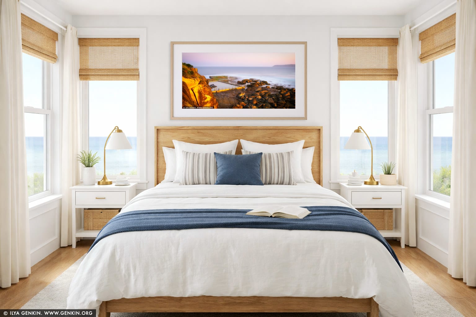 Sunset at North Curl Curl Rockpool wall art in a bedroom interior
