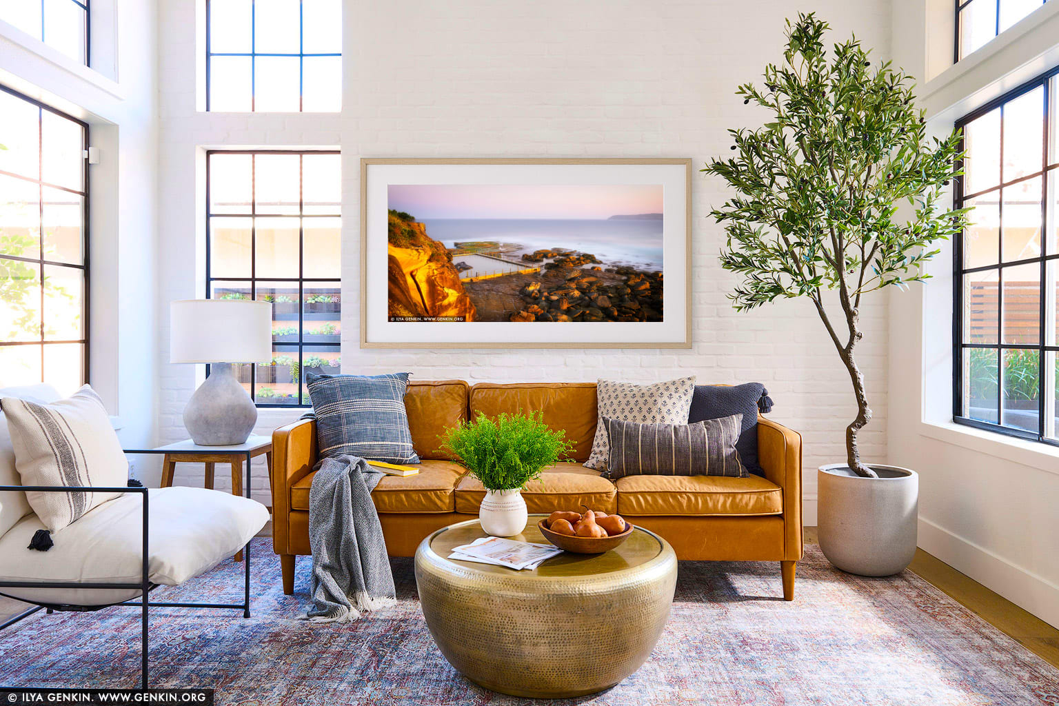 Sunset at North Curl Curl Rockpool wall art in a contemporary living room interior