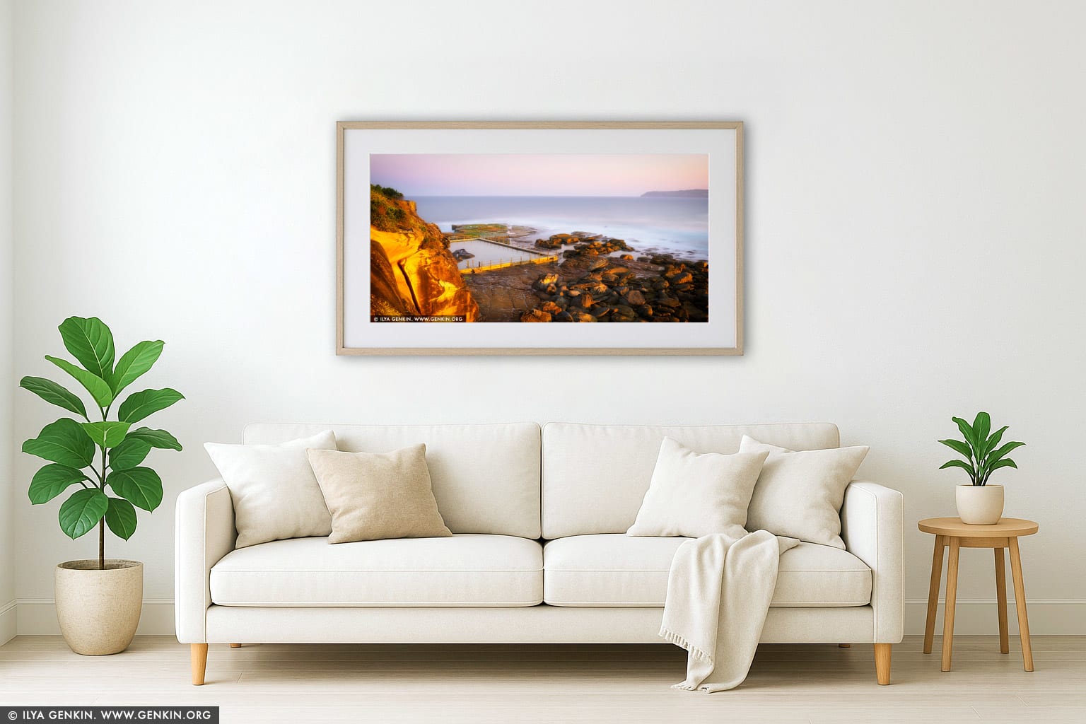 Sunset at North Curl Curl Rockpool wall art in a modern living room interior