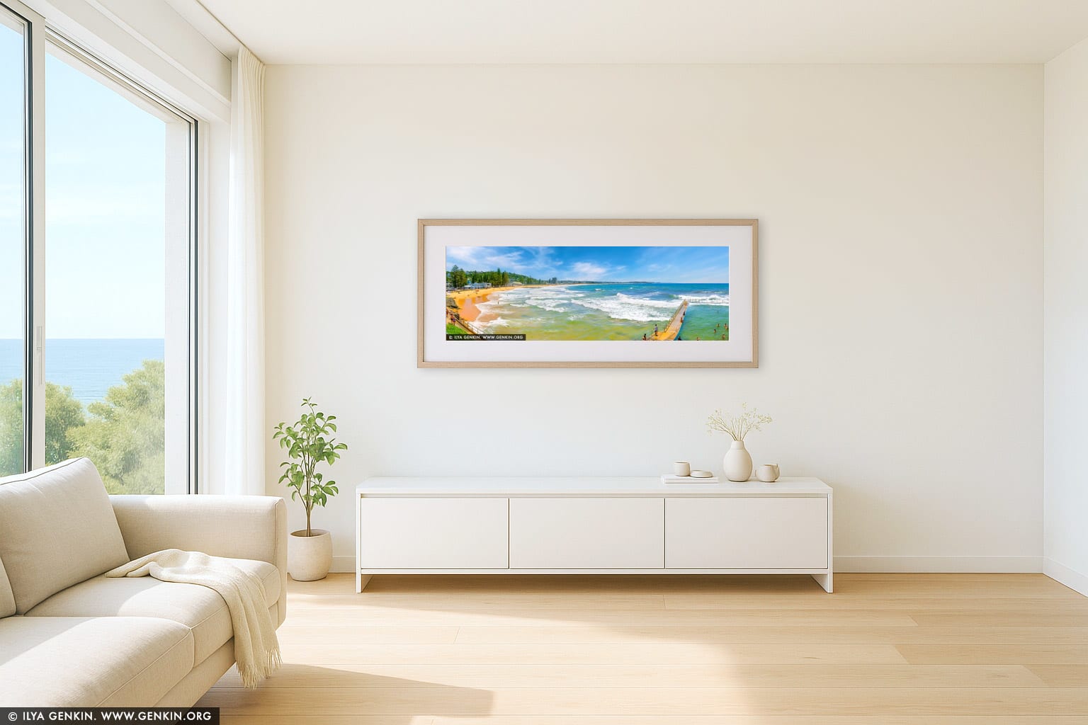 Sunlit Swell at Collaroy Beach wall art in a contemporary living room interior