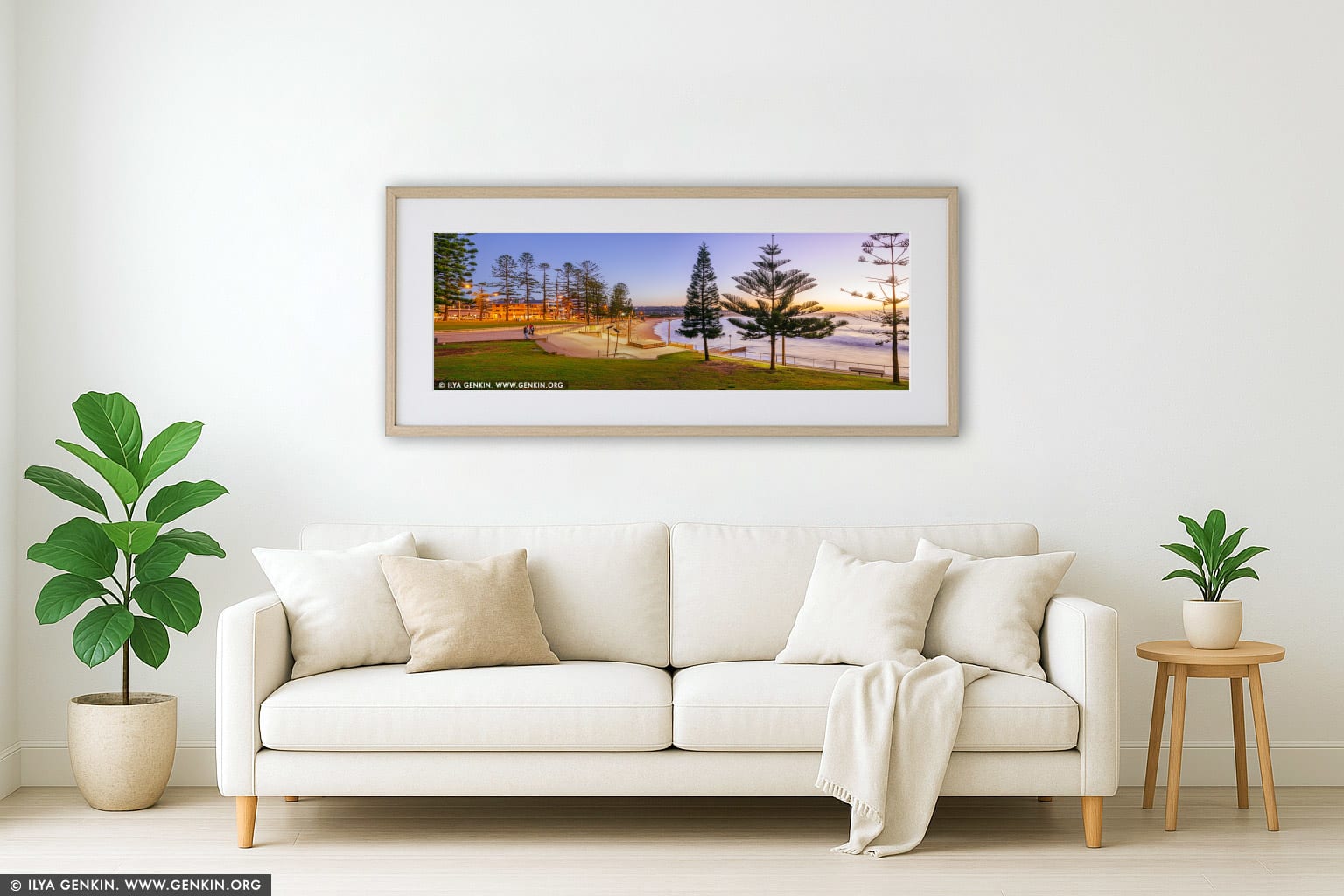 Dee Why Beach at Twilight wall art in a minimalist living room interior