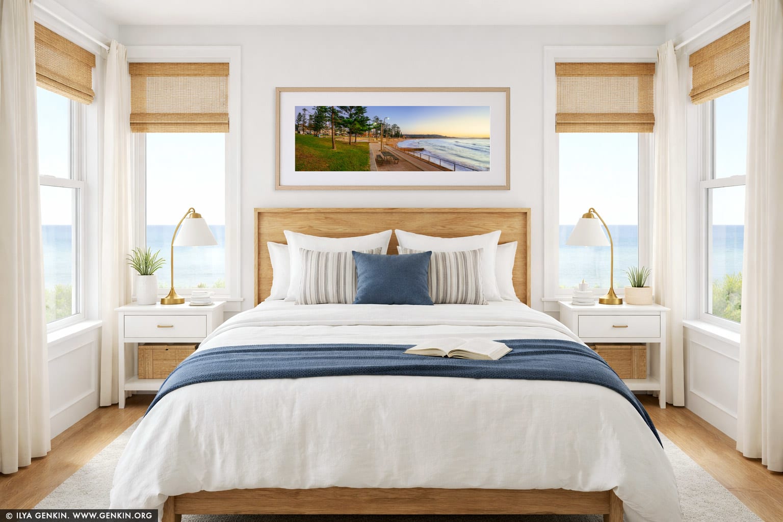 Dee Why Beach at Dawn wall art in a bedroom interior