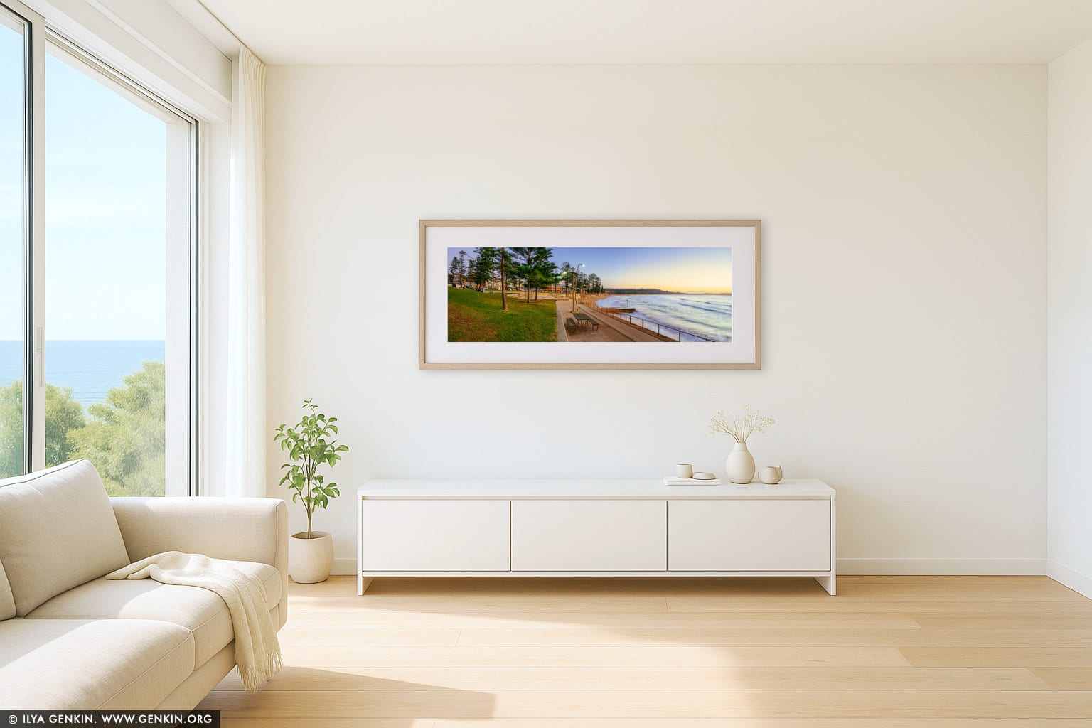Dee Why Beach at Dawn wall art in a modern living room interior