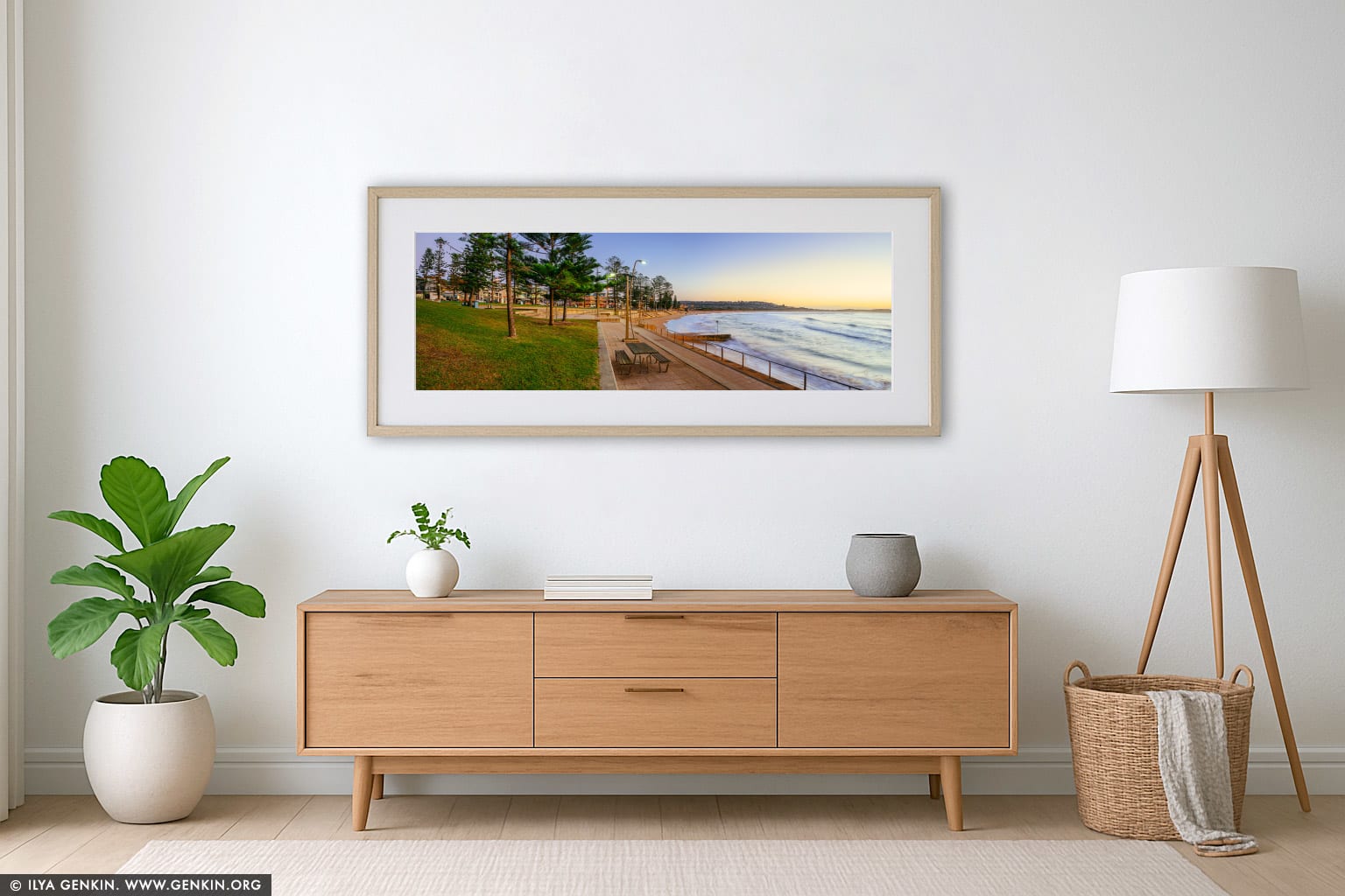 Dee Why Beach at Dawn wall art in a contemporary living room interior