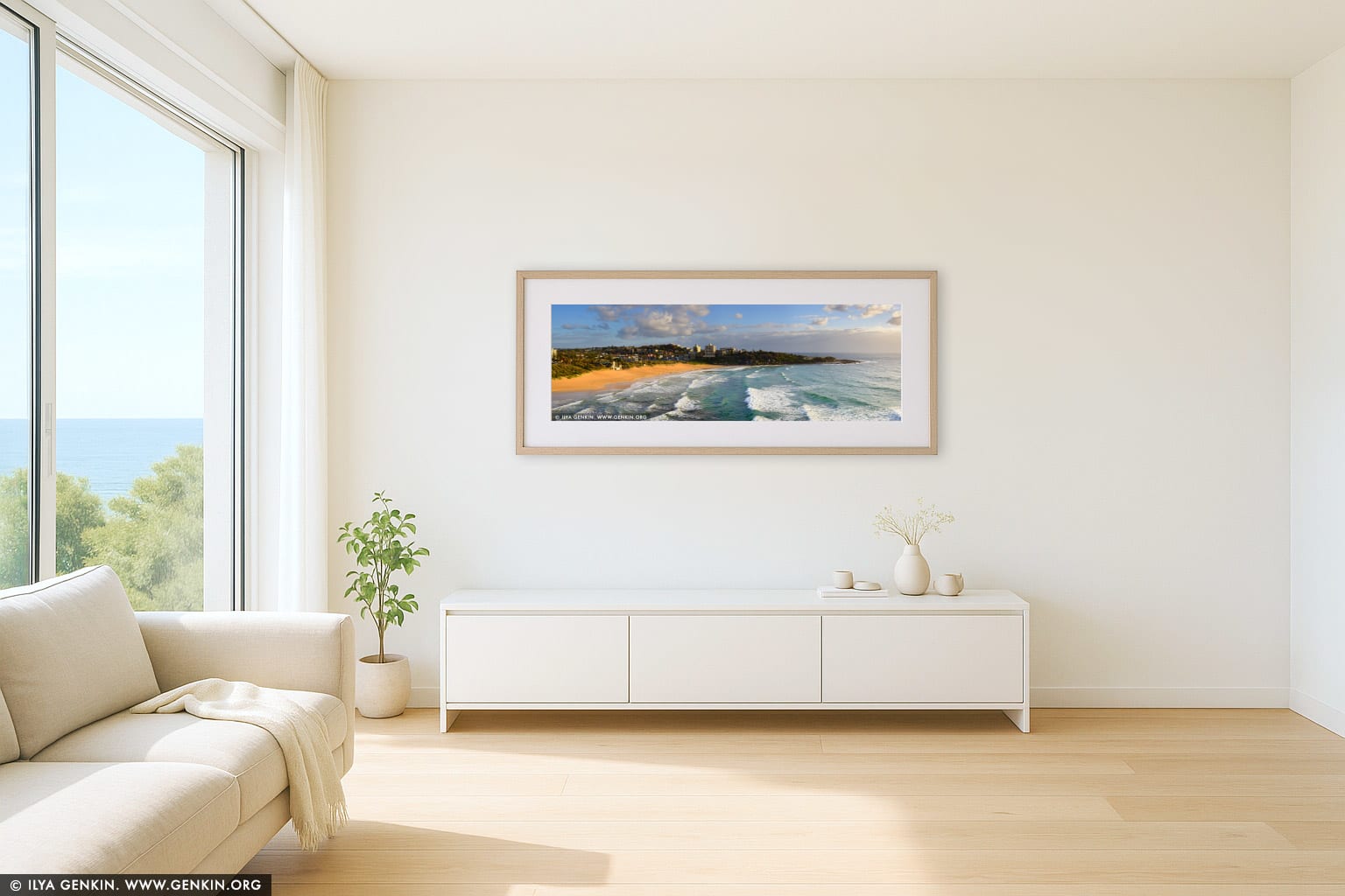 Sunrise at Freshwater Beach wall art in a luxury living room interior