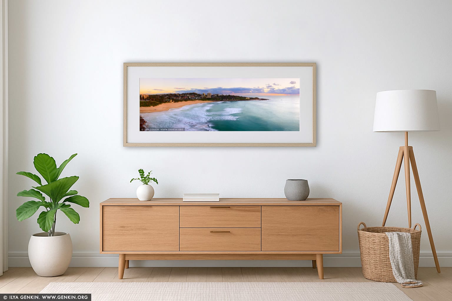 Freshwater Beach at Dawn wall art in a minimalist living room interior