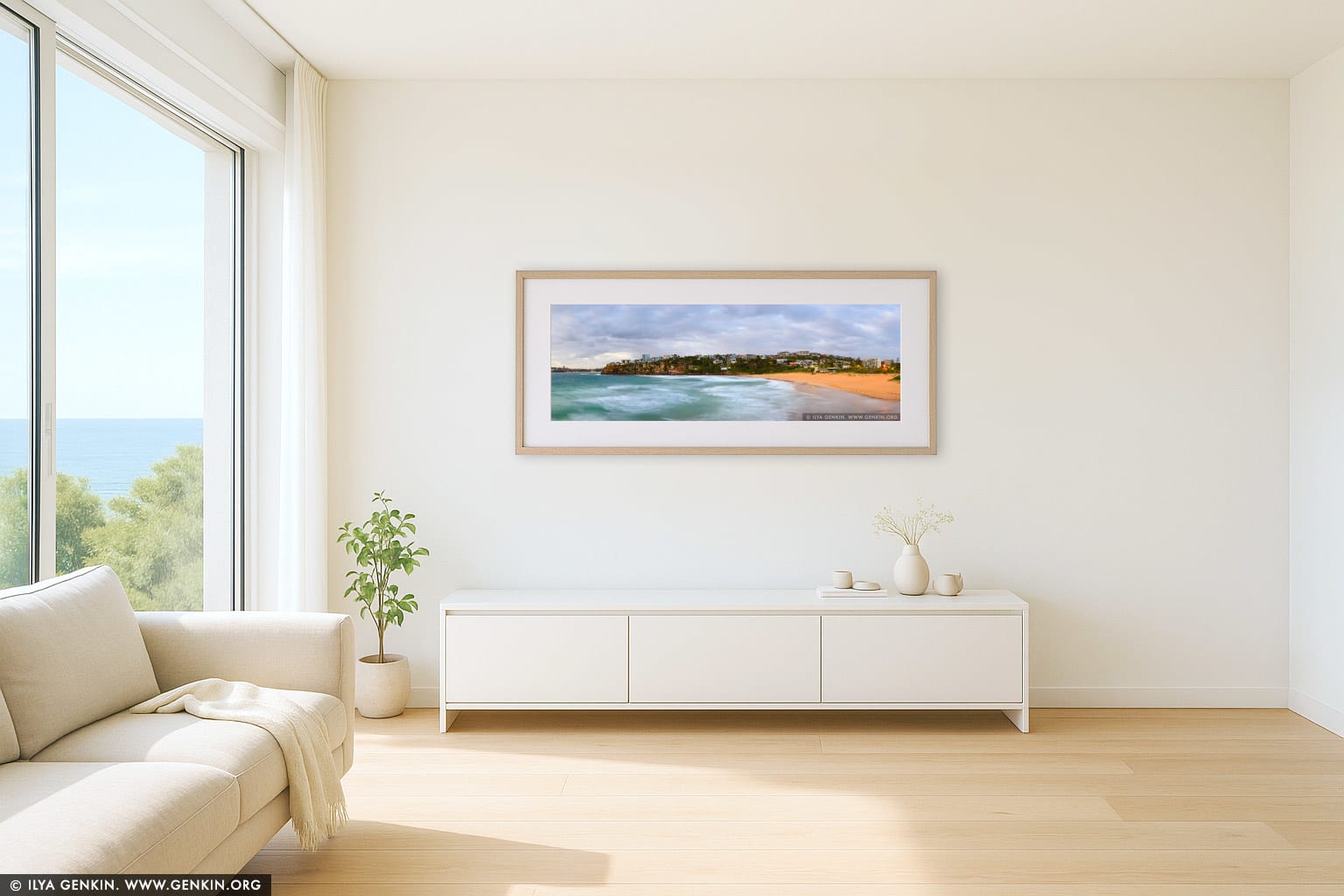 Stormy Morning at Freshwater Beach wall art in a minimalist living room interior