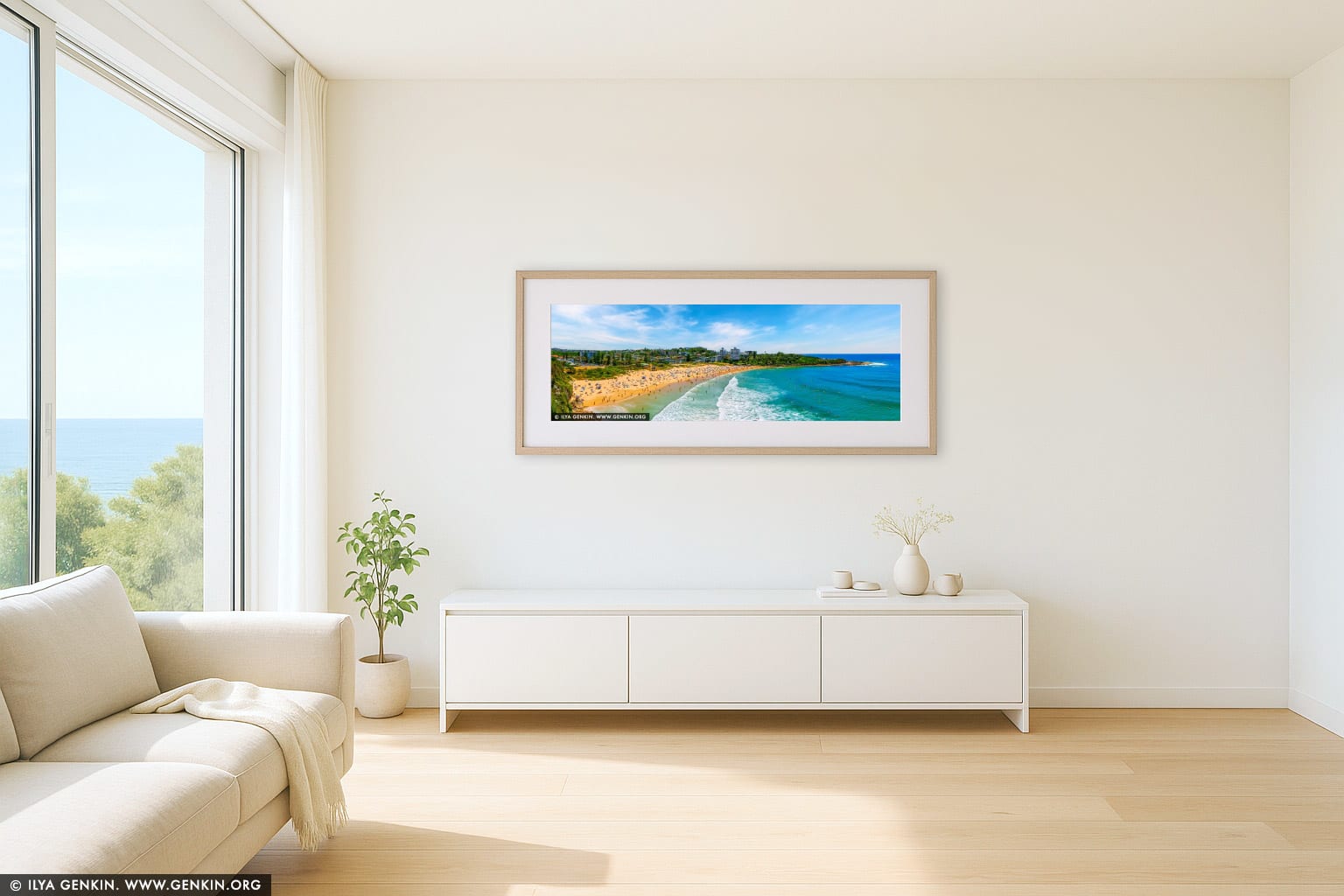 Surf and Sun at Freshwater Beach wall art in a modern living room interior