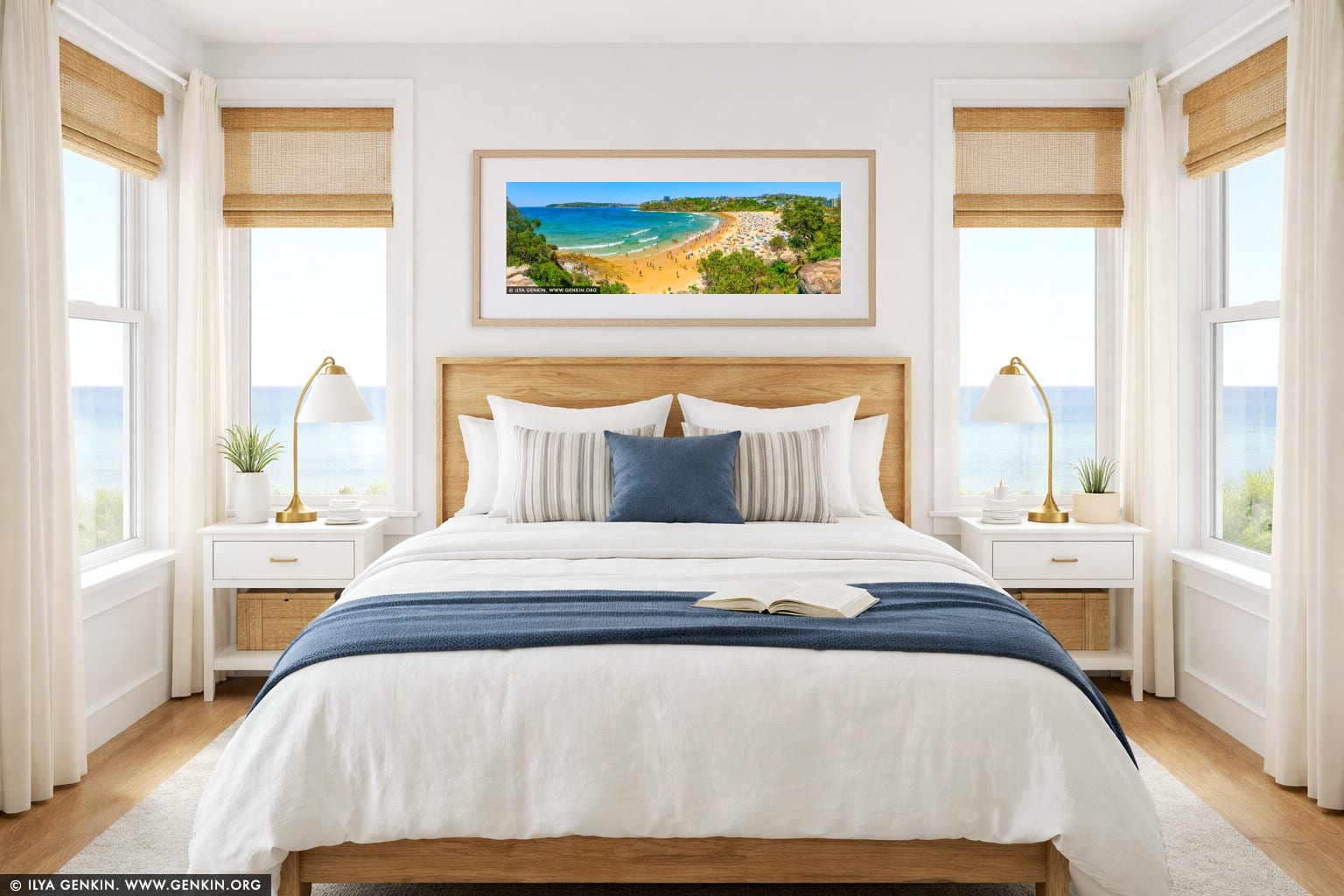 Golden Curve of Freshwater Bay wall art in a bedroom interior