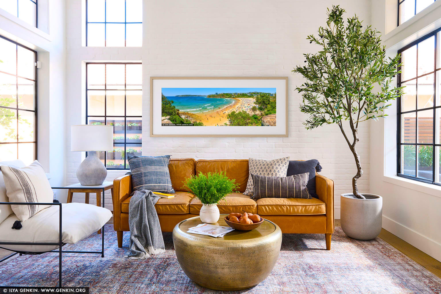 Golden Curve of Freshwater Bay wall art in a contemporary living room interior