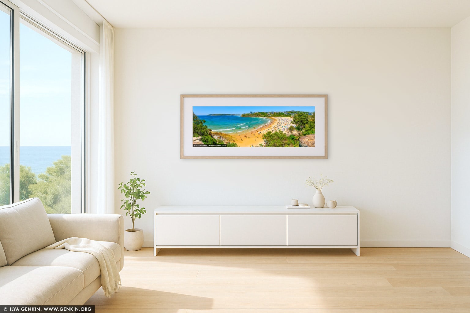 Golden Curve of Freshwater Bay wall art in a contemporary living room interior