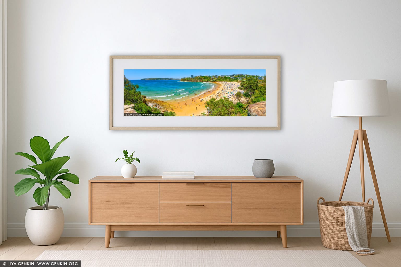 Golden Curve of Freshwater Bay wall art in a minimalist living room interior