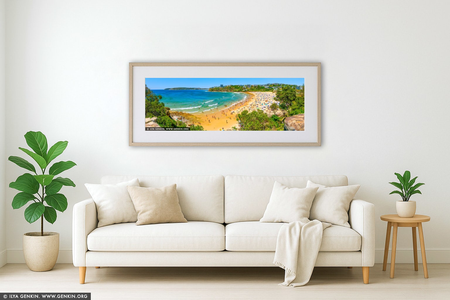 Golden Curve of Freshwater Bay wall art in a modern living room interior