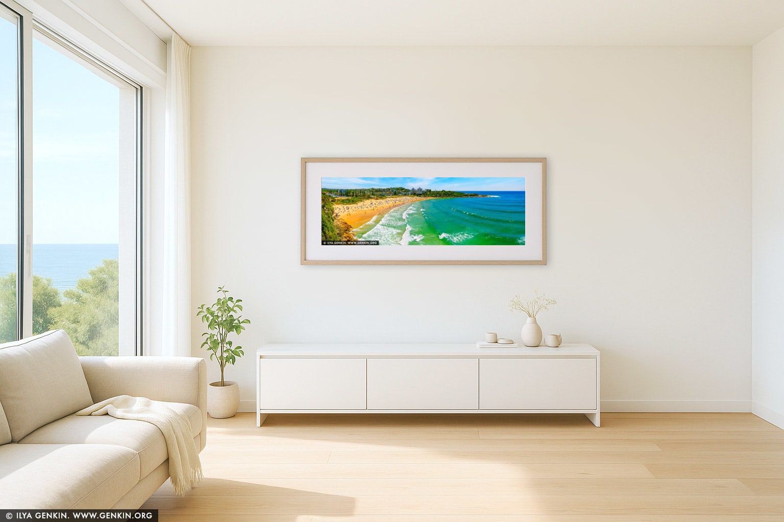 Emerald Break at Freshwater Beach wall art in a minimalist living room interior