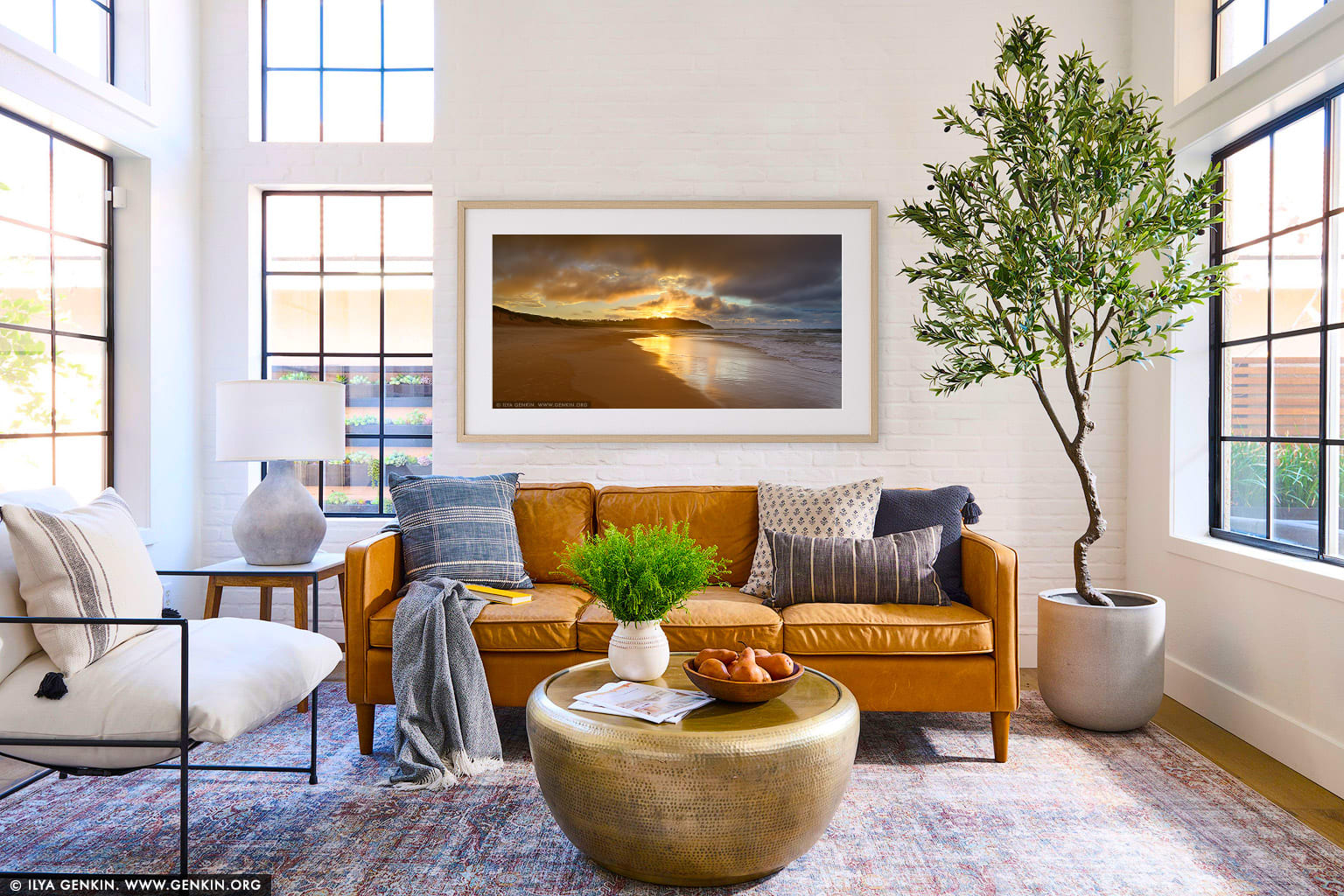 Dramatic Sunrise at Long Reef Beach wall art in a contemporary living room interior