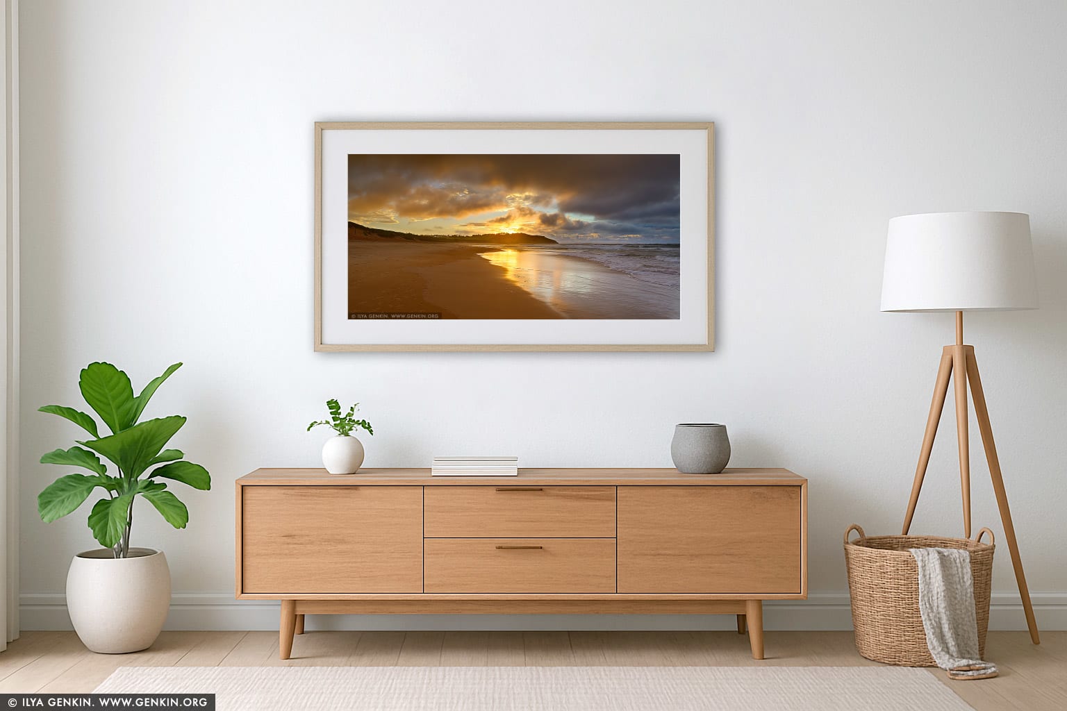 Dramatic Sunrise at Long Reef Beach wall art in a minimalist living room interior