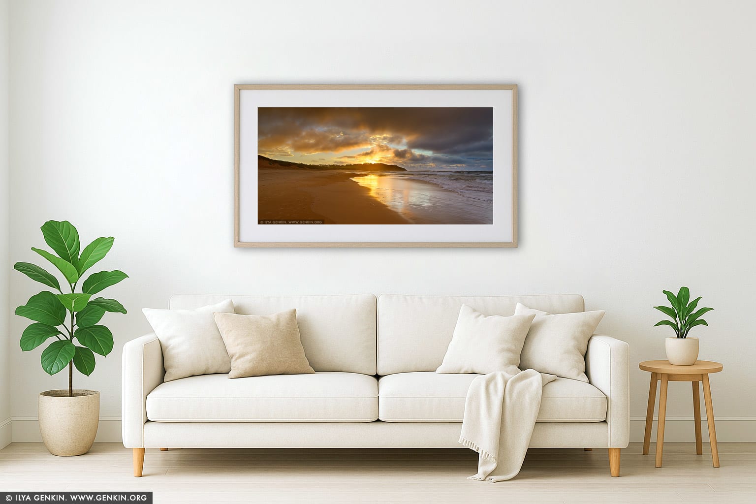 Dramatic Sunrise at Long Reef Beach wall art in a modern living room interior