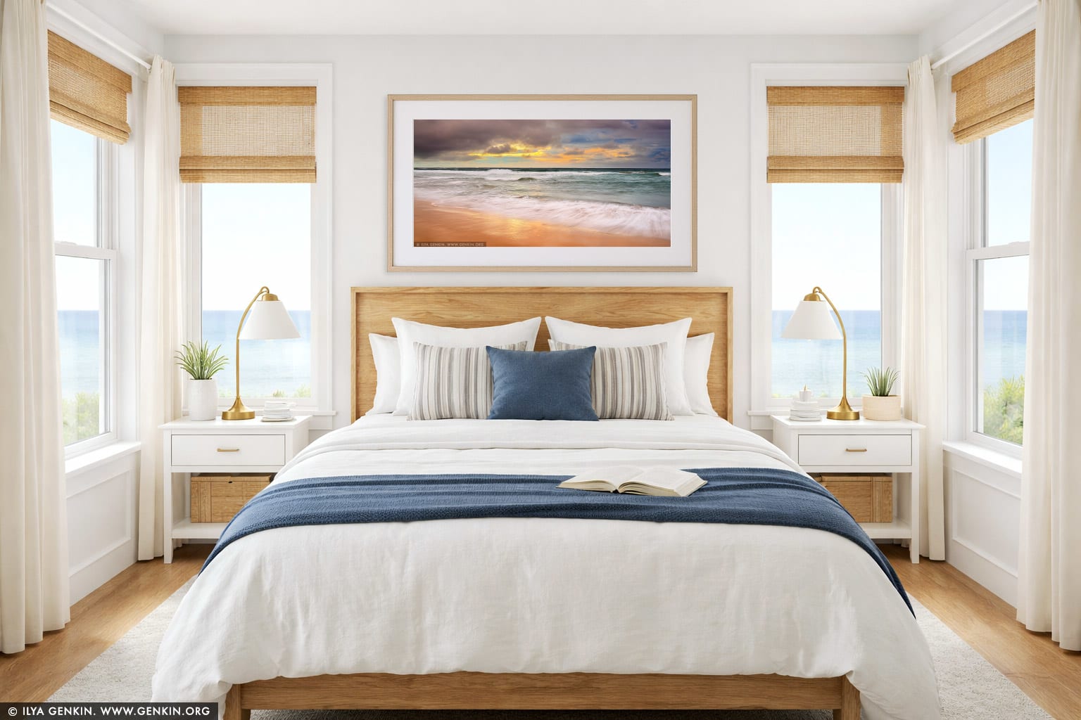 Long Reef Beach and Pacific Ocean at Sunrise wall art in a bedroom interior