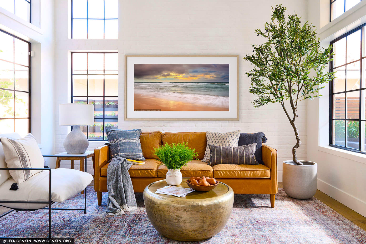 Long Reef Beach and Pacific Ocean at Sunrise wall art in a minimalist living room interior