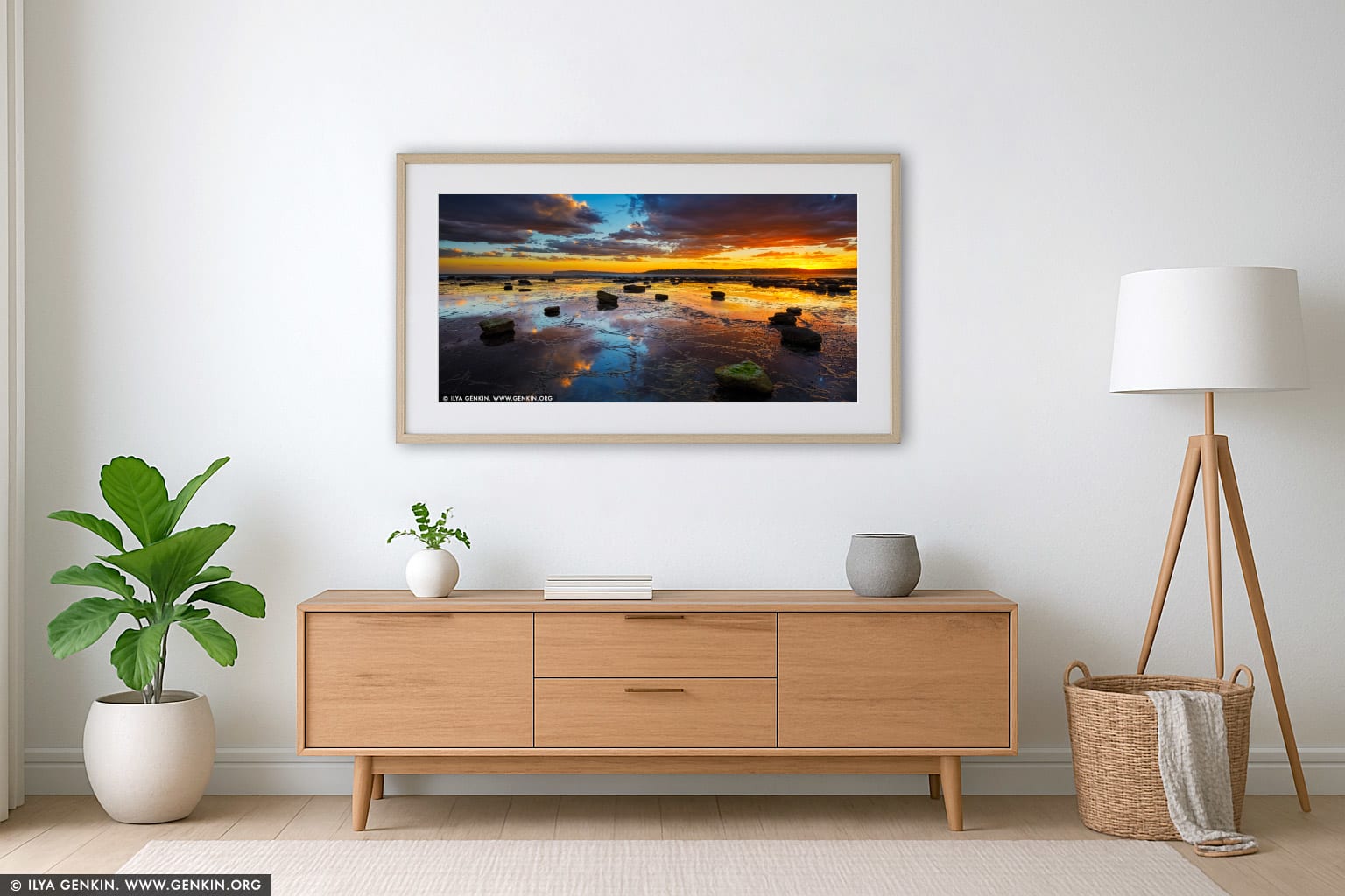 Sunset at Long Reef Point wall art in a modern living room interior