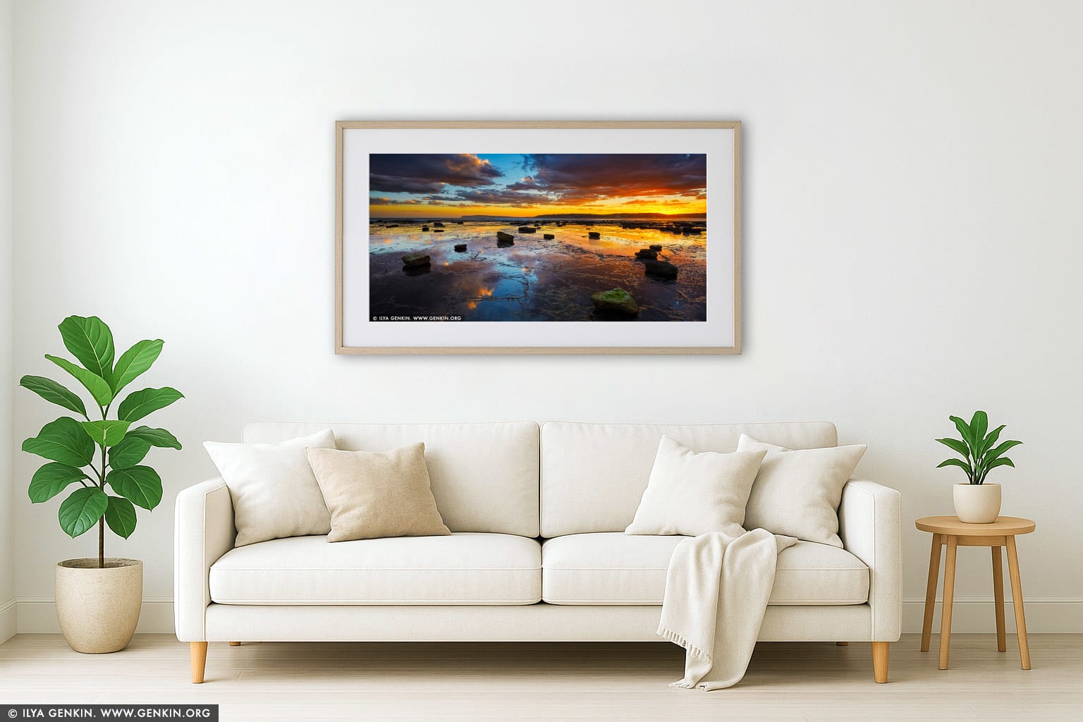Sunset at Long Reef Point wall art in a minimalist living room interior
