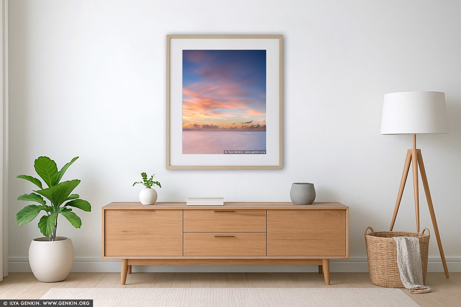 Sunrise at Palm Beach wall art in a contemporary living room interior