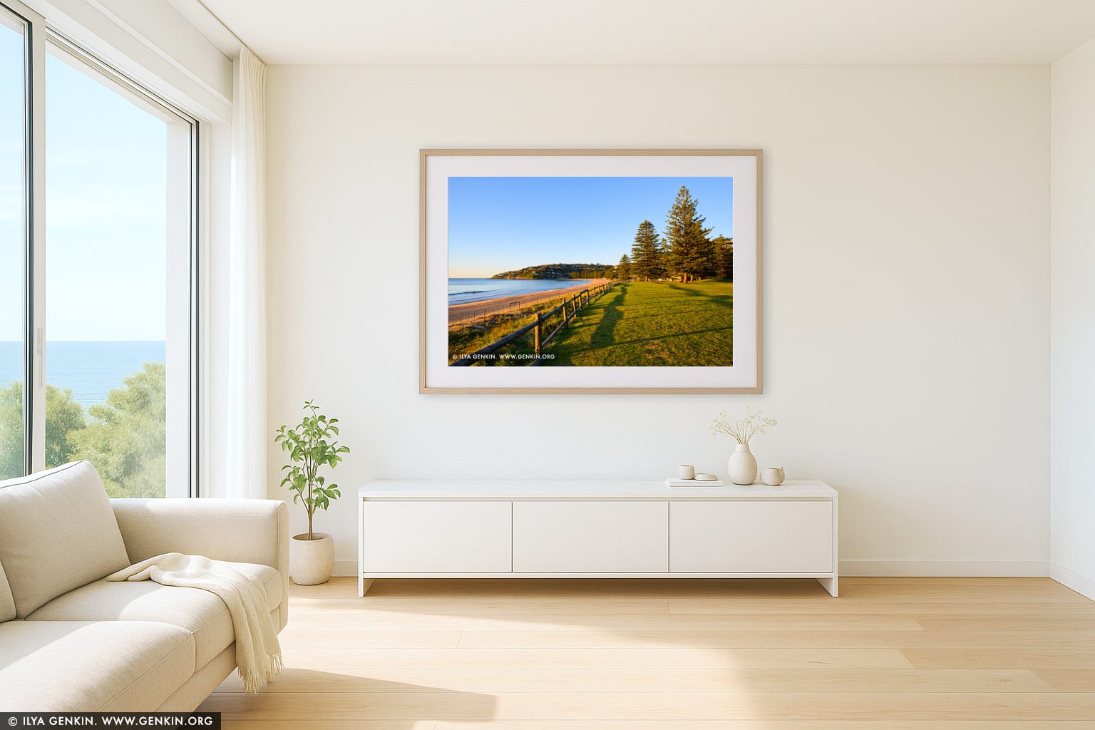 Early Morning at Palm Beach wall art in a contemporary living room interior