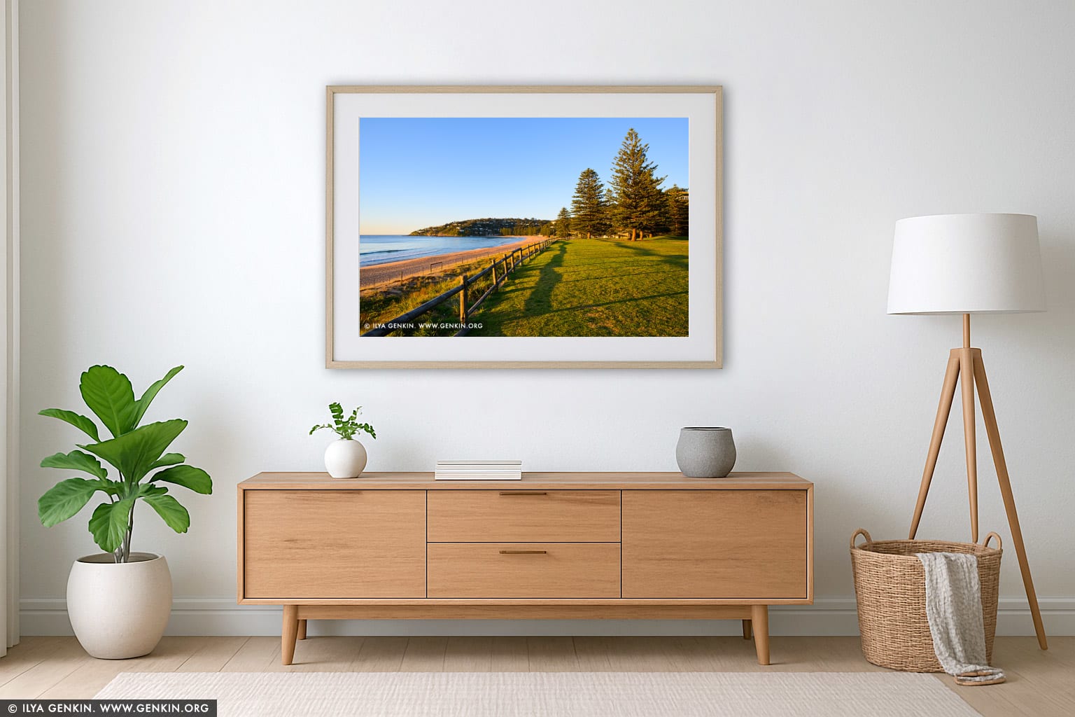 Early Morning at Palm Beach wall art in a minimalist living room interior