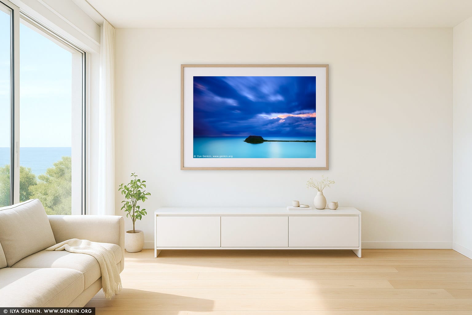 Storm Approaching Barrenjoey and Palm Beach wall art in a minimalist living room interior