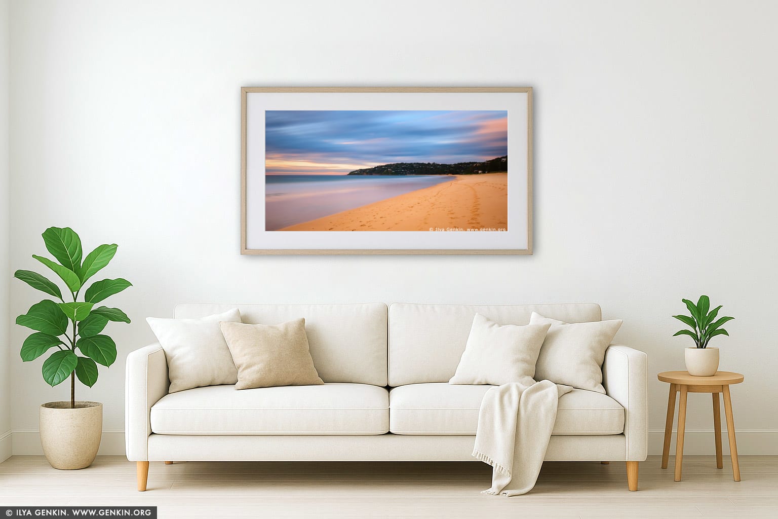 Palm Beach at Sunrise wall art in a minimalist living room interior