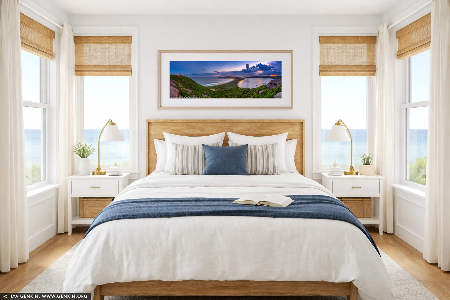 Stormy Sunset at Palm Beach, Panoramic View from Barrenjoey Lookout wall art in a bedroom interior