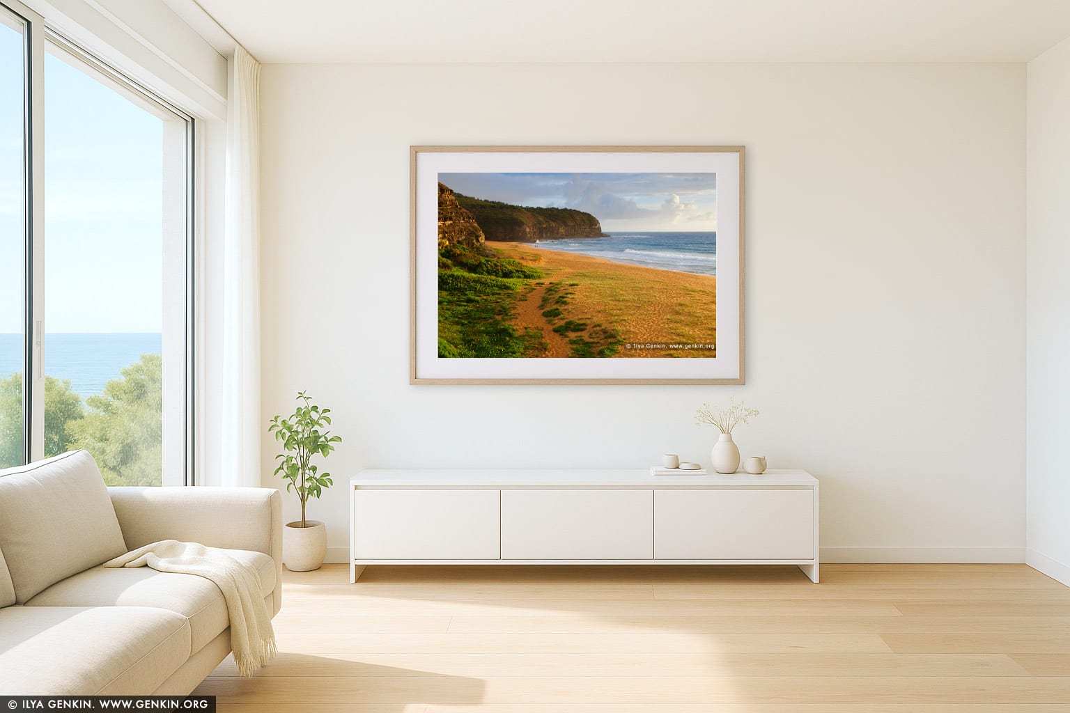 Calm morning at Turimetta Beach wall art in a luxury living room interior