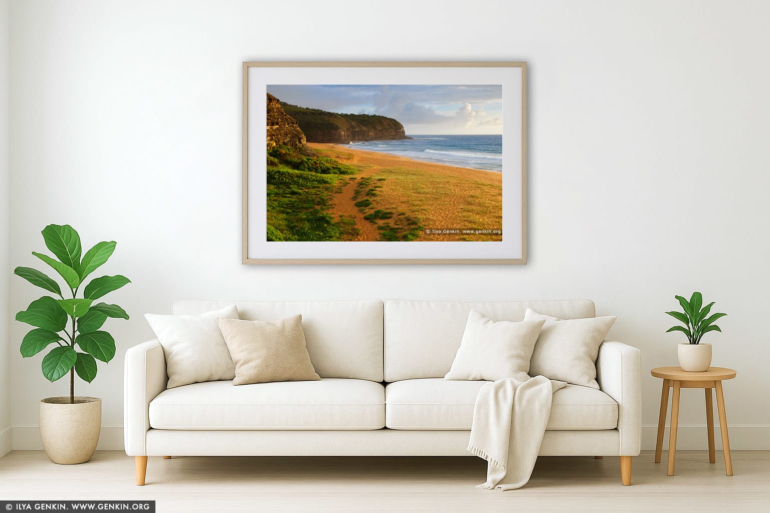Calm morning at Turimetta Beach wall art in a minimalist living room interior