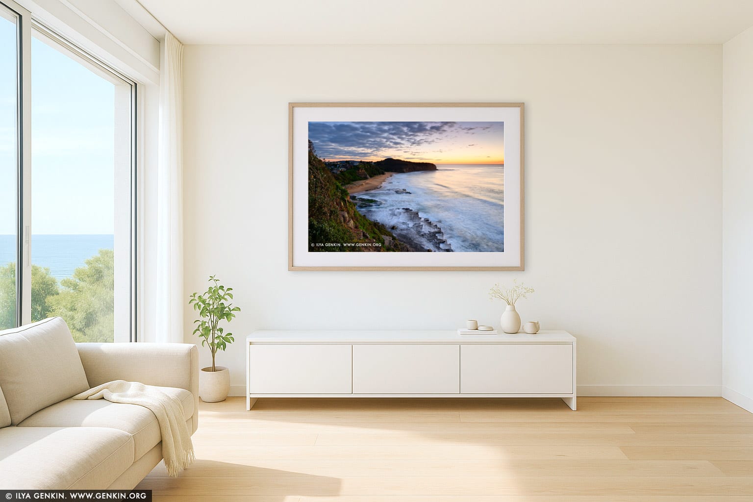 Colourful Sunrise at Turimetta Beach wall art in a contemporary living room interior