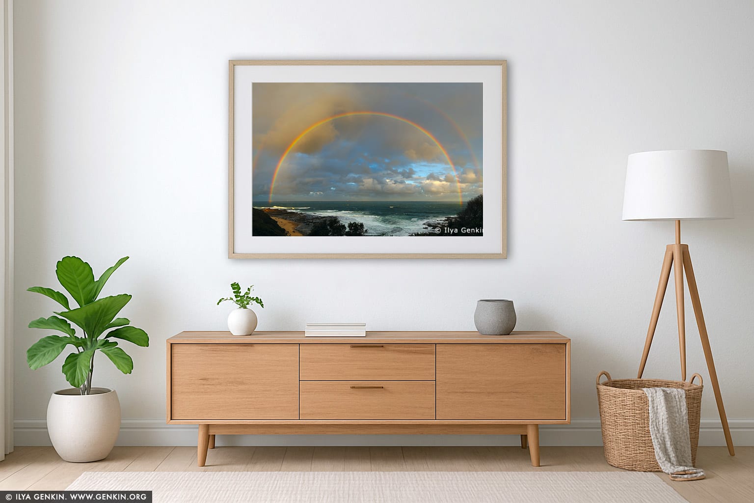 Double Full Rainbows and The Norah Head Lighthouse at Sunset wall art in a luxury living room interior