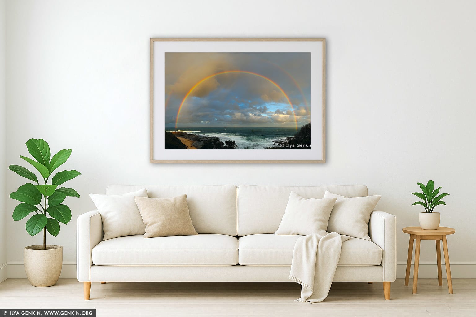 Double Full Rainbows and The Norah Head Lighthouse at Sunset wall art in a contemporary living room interior