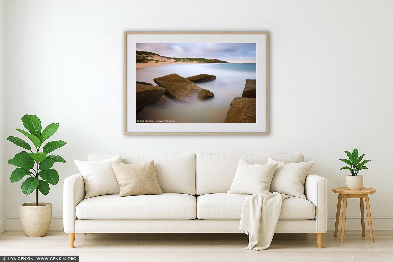 Sunset at Norah Head wall art in a minimalist living room interior
