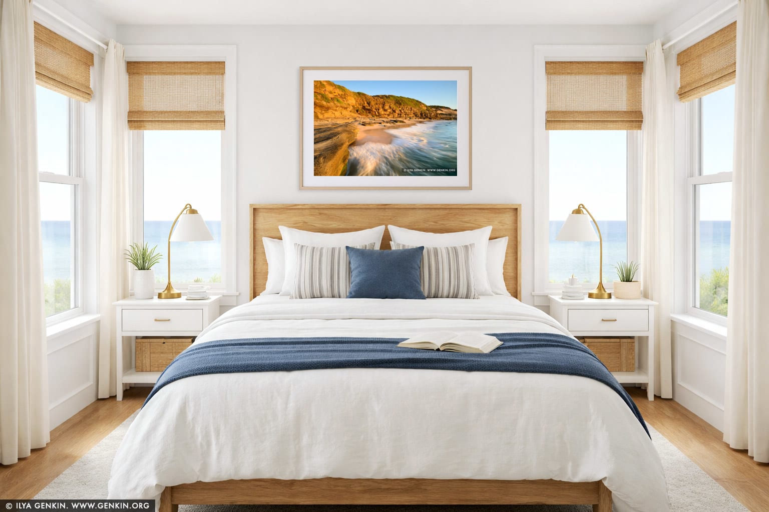 Golden Sunrise at Norah Head wall art in a bedroom interior
