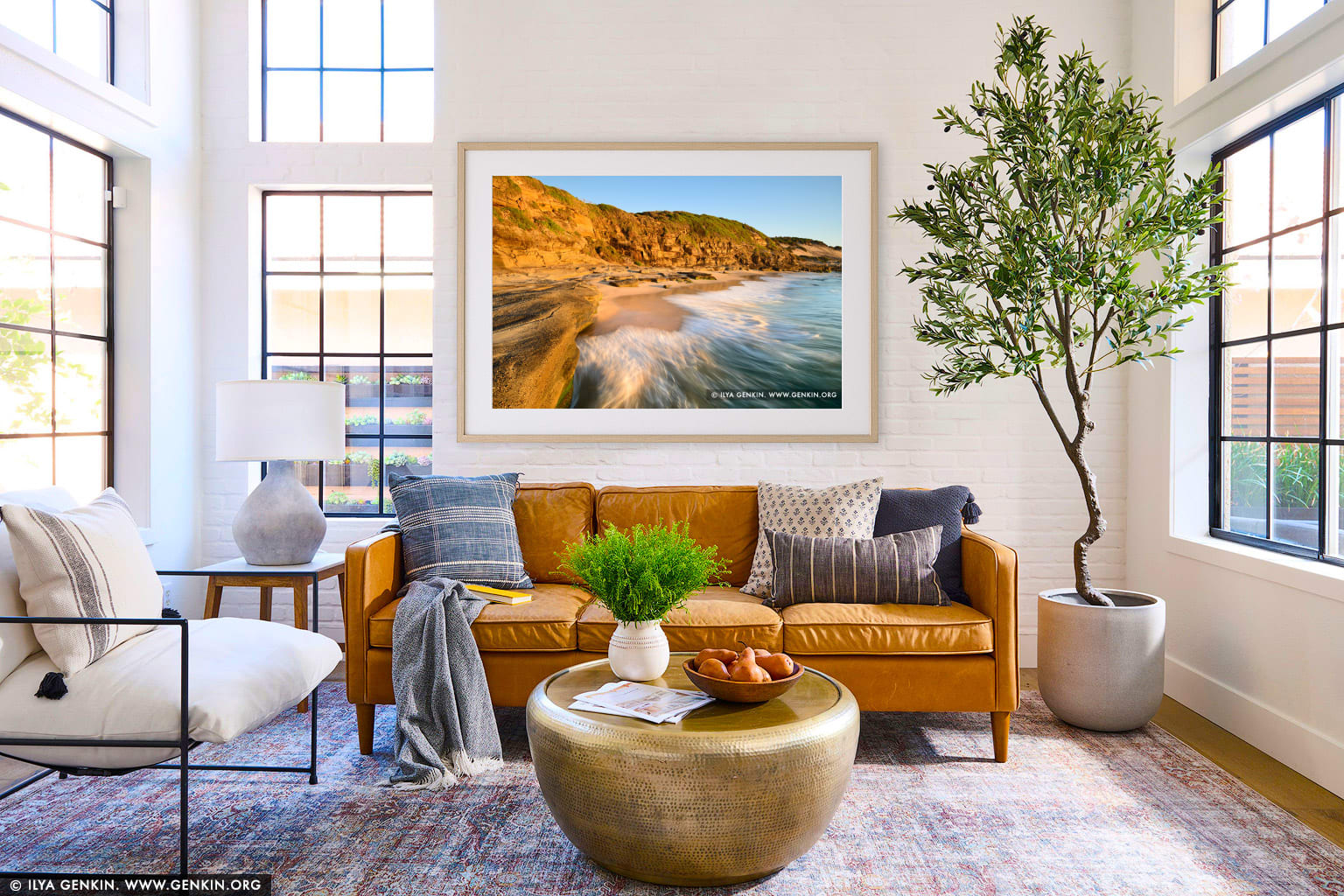 Golden Sunrise at Norah Head wall art in a contemporary living room interior