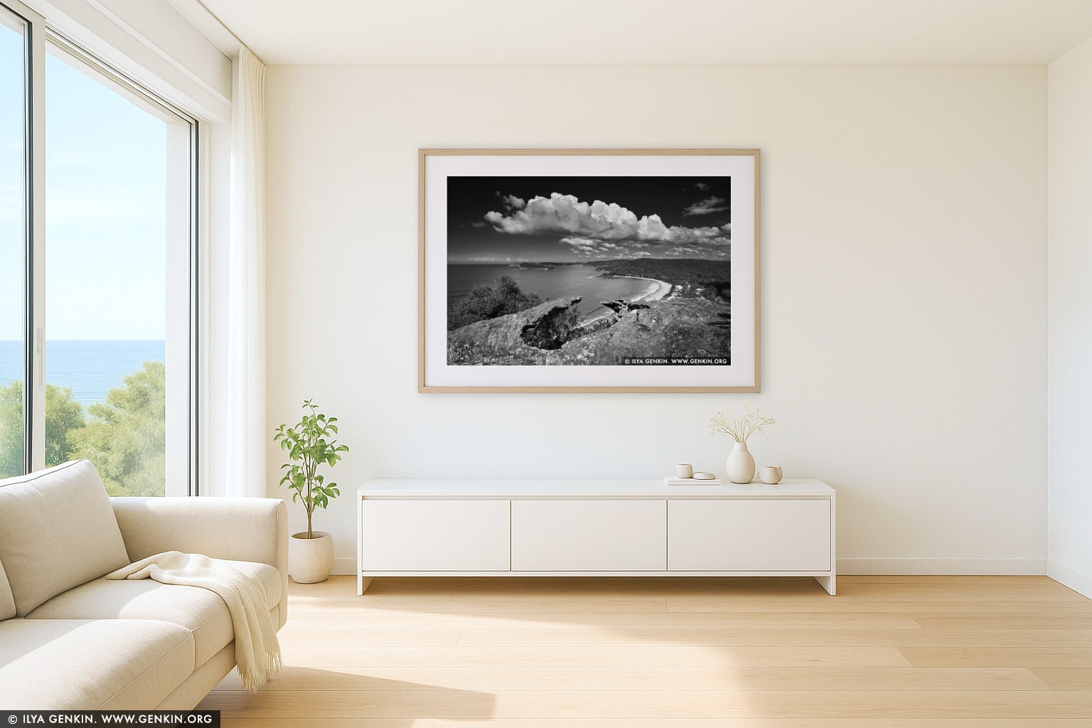Pearl Beach from Mt Ettalong Lookout wall art in a contemporary living room interior