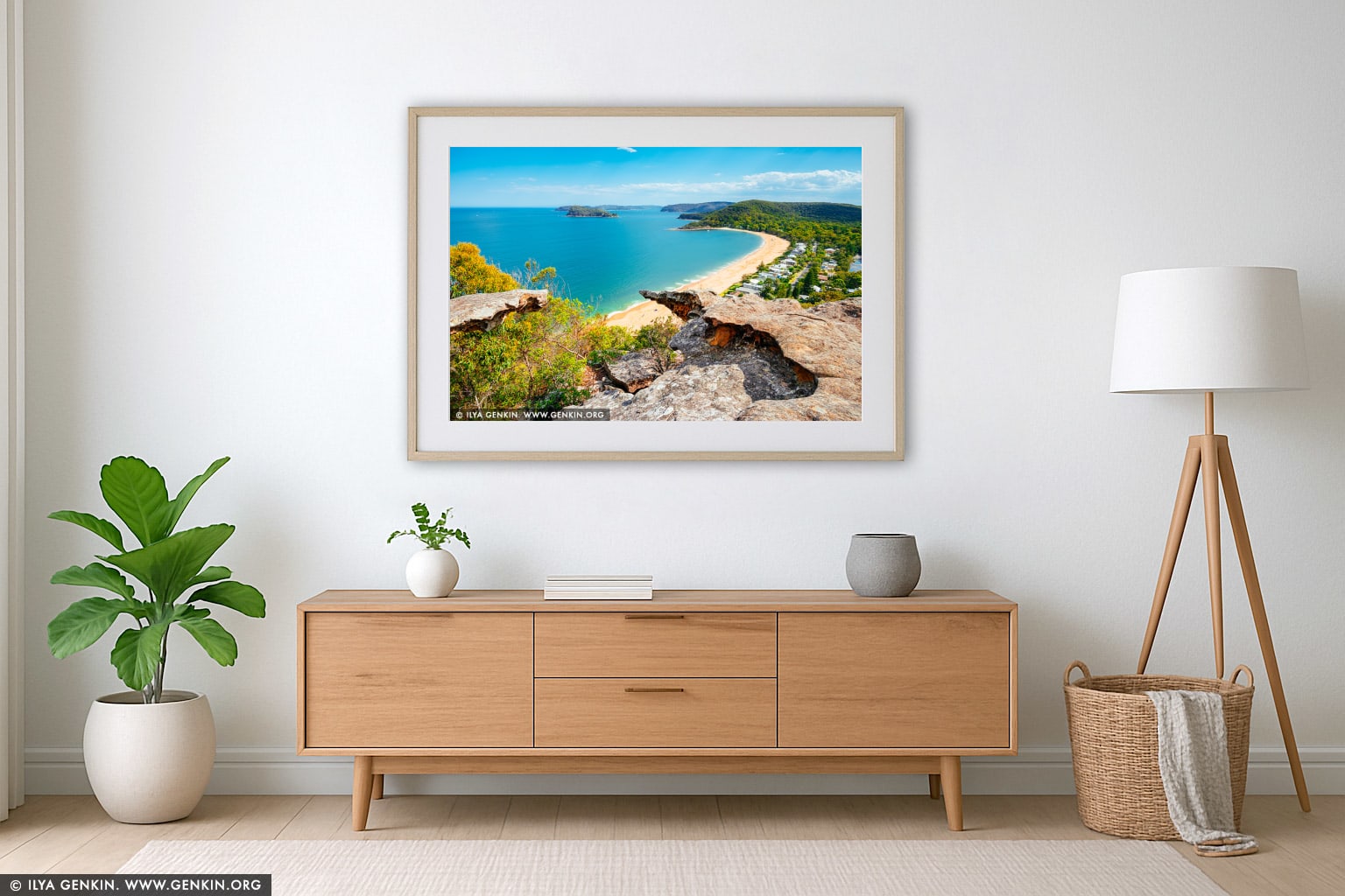 Pearl Beach from Mt Ettalong Lookout wall art in a luxury living room interior