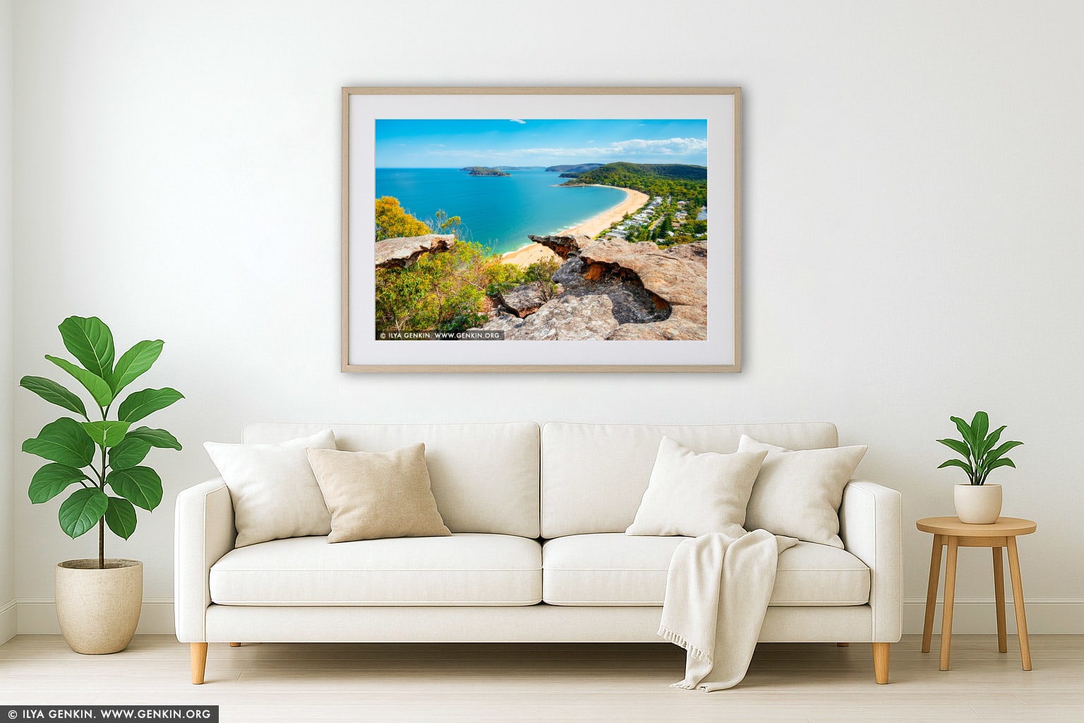 Pearl Beach from Mt Ettalong Lookout wall art in a contemporary living room interior
