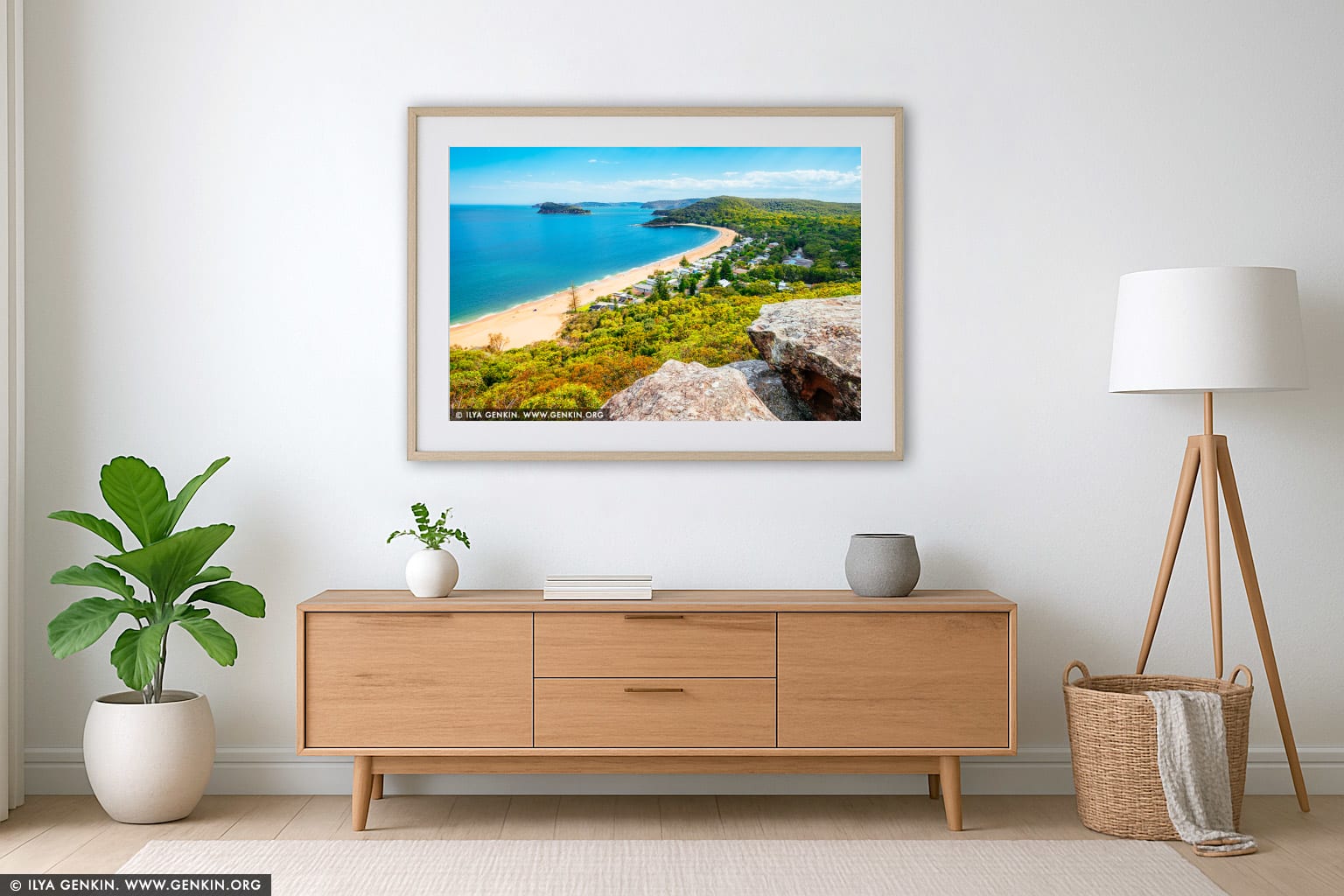 Pearl Beach from Mt Ettalong Lookout wall art in a modern living room interior