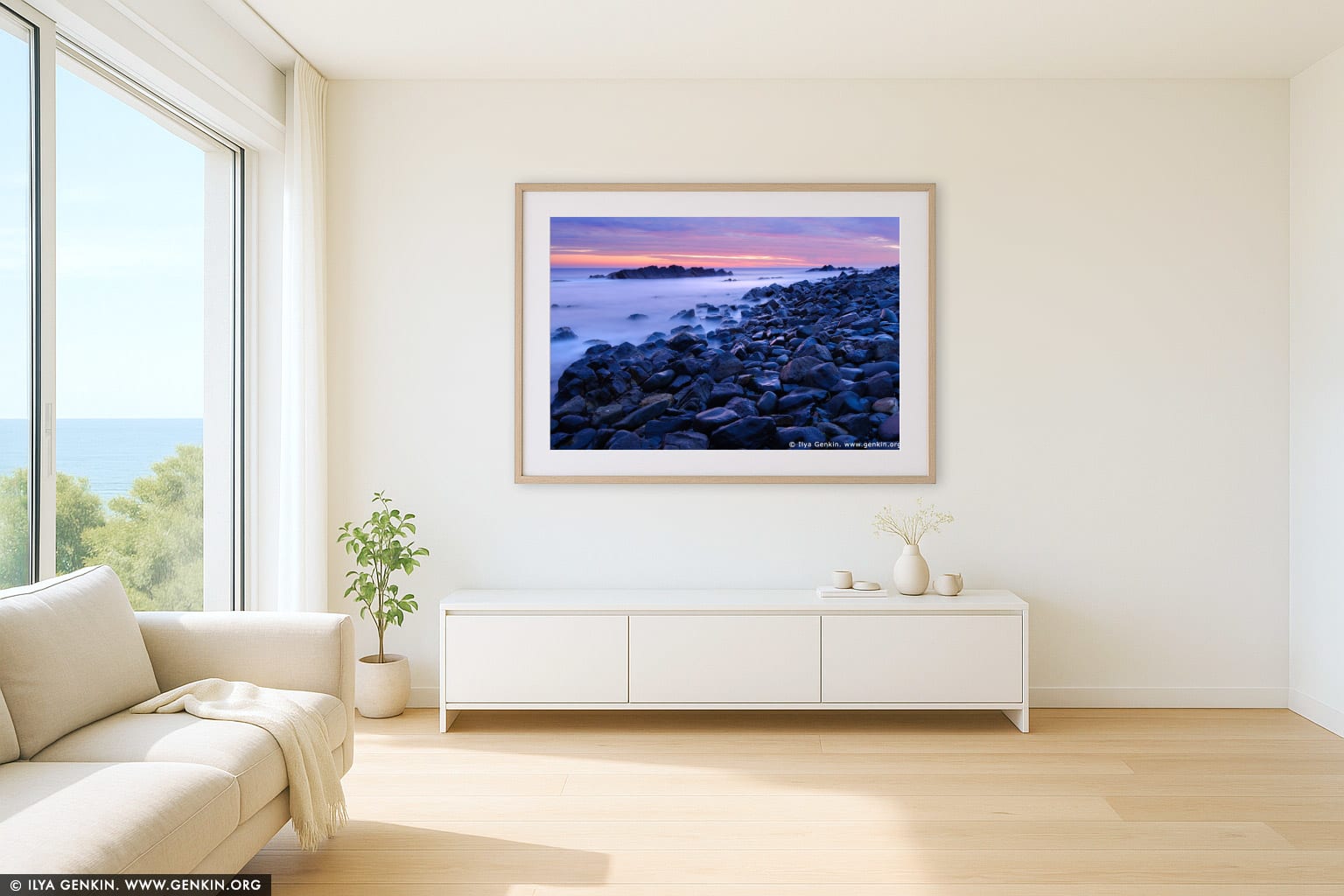 Sunrise at Pebbly Beach wall art in a contemporary living room interior