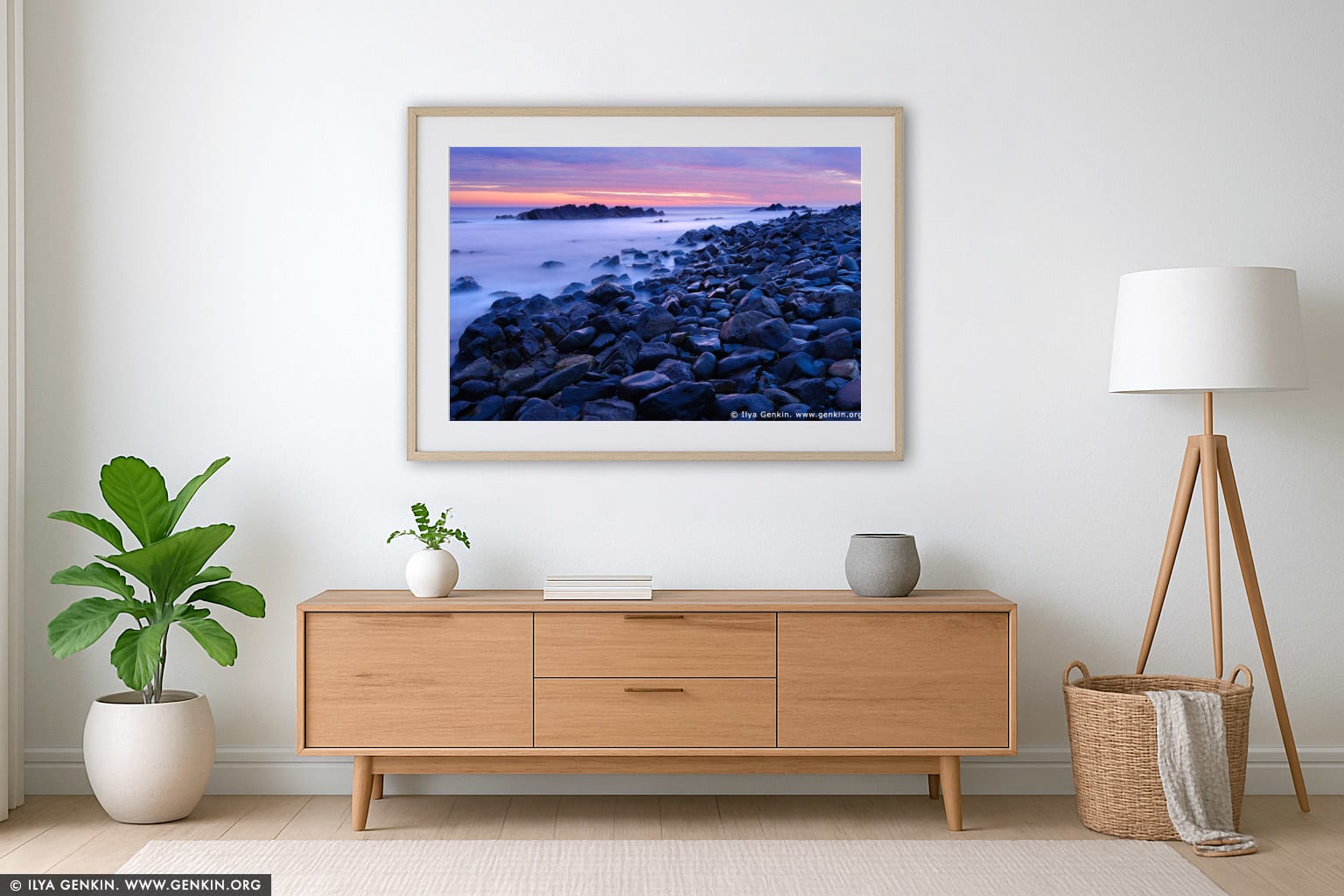 Sunrise at Pebbly Beach wall art in a minimalist living room interior