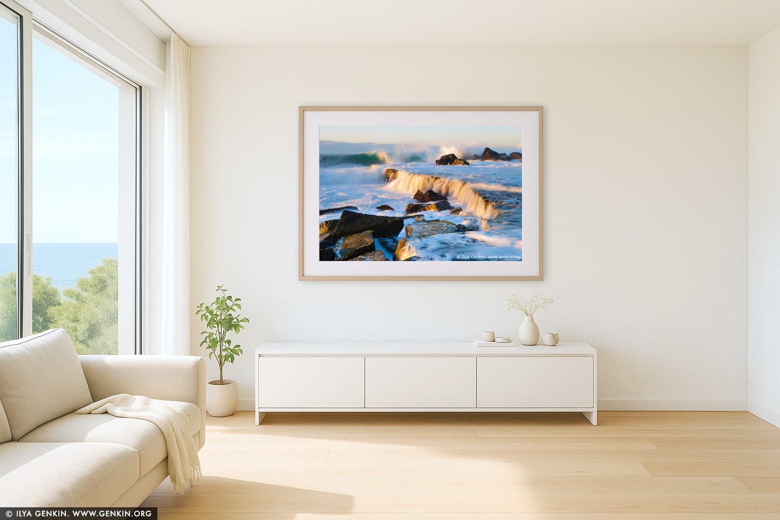 Waves Crashing at Forresters Beach wall art in a contemporary living room interior
