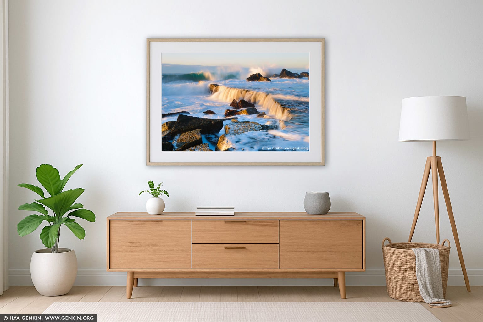 Waves Crashing at Forresters Beach wall art in a minimalist living room interior