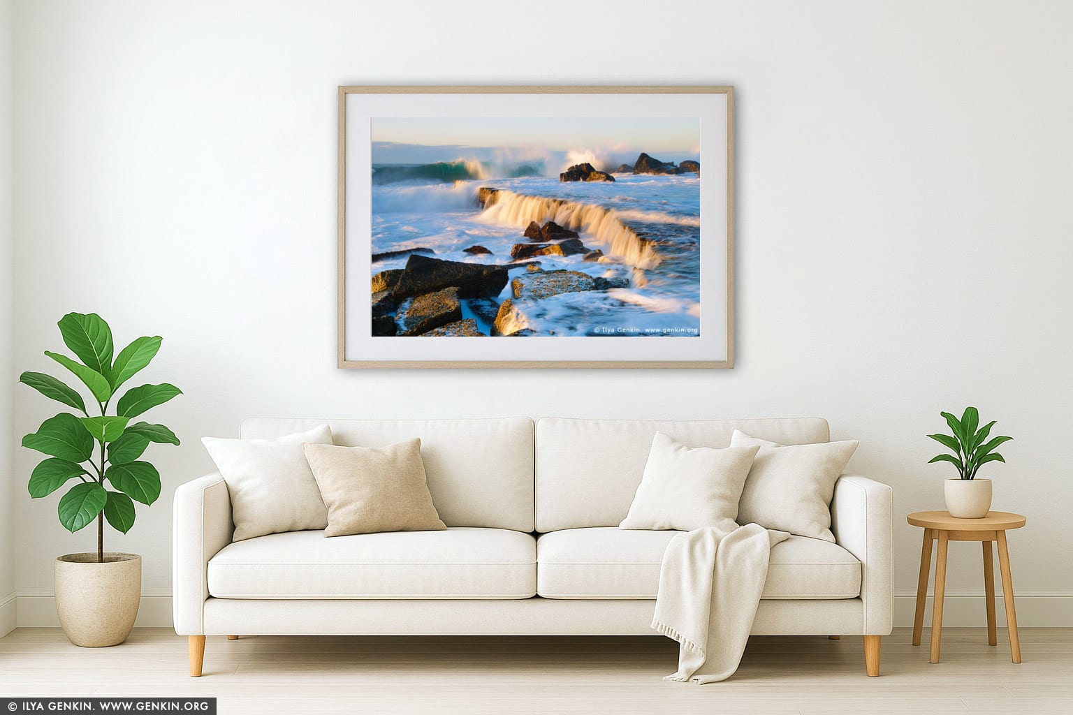 Waves Crashing at Forresters Beach wall art in a modern living room interior