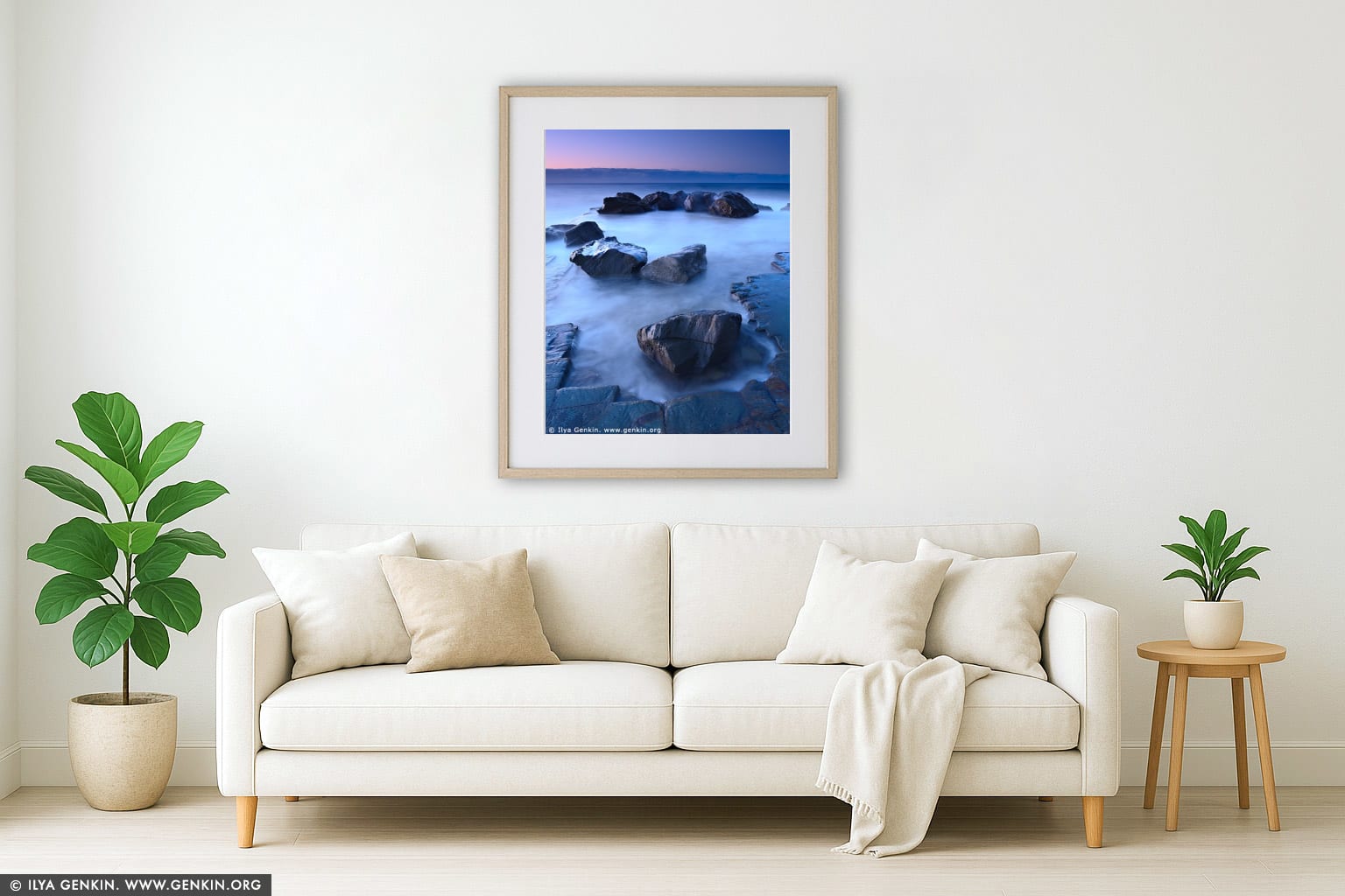 Forresters Beach at Twilight wall art in a contemporary living room interior